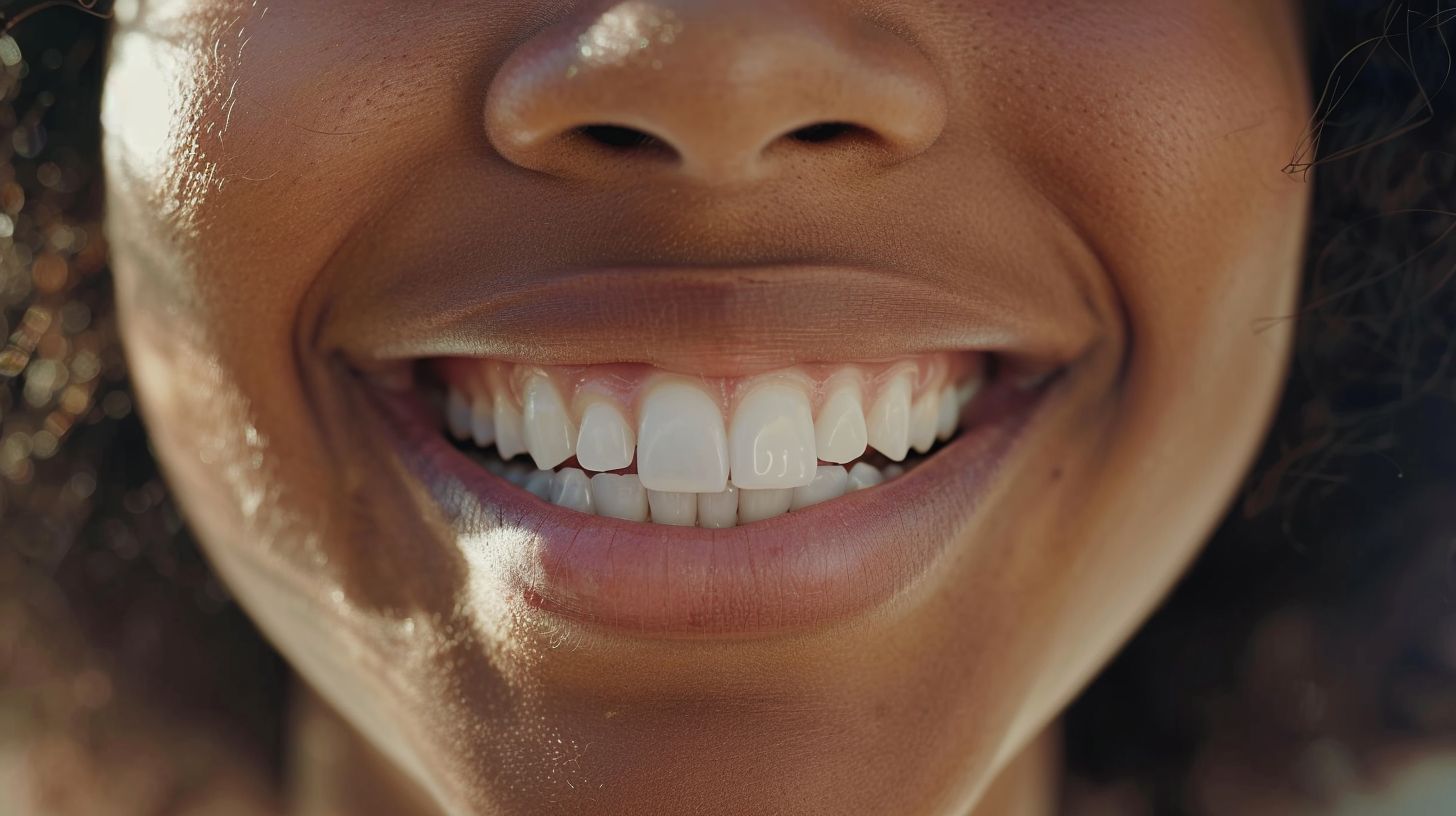A close-up of a confident smile with healthy, pink gums.