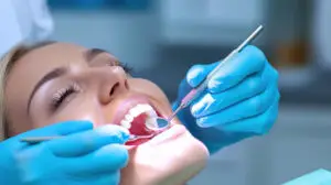 Dentist performing a periodontal examination during periodontal maintenance and routine dental cleaning to support gum health.