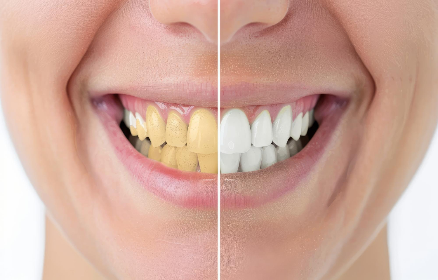 Before and after comparison of stained teeth and improved smile following professional dental cleaning for better gum health.