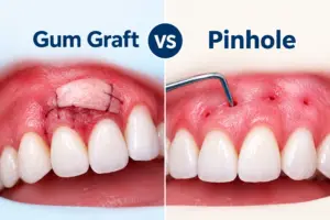 Gum graft vs pinhole treatment shown side by side, highlighting two approaches for treating receding gums and exposed tooth roots.