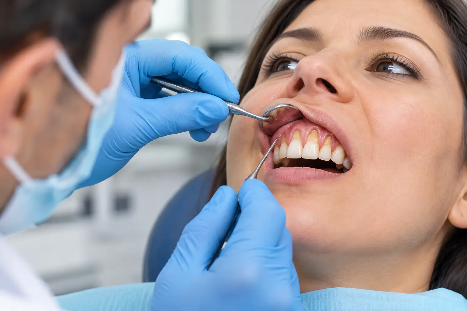 Dentist examining a patient’s receding gums and exposed tooth roots during a periodontal evaluation for gum recession treatment.