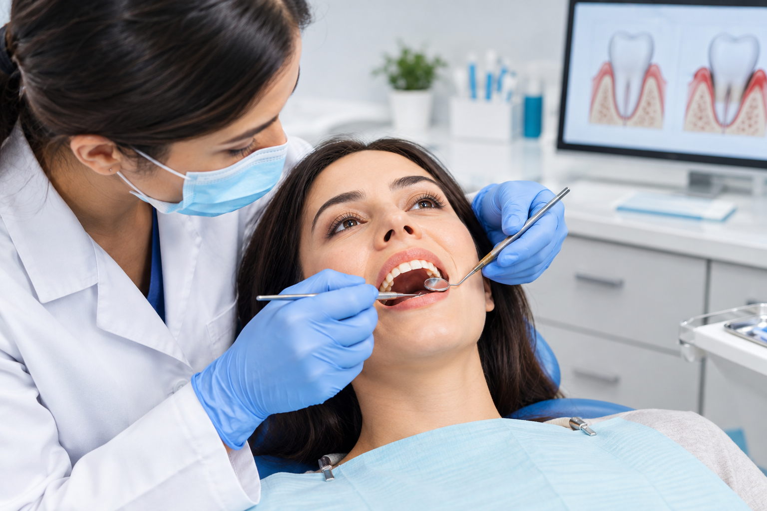 Dentist performing a gum disease dental checkup while examining a patient’s oral and gum health.