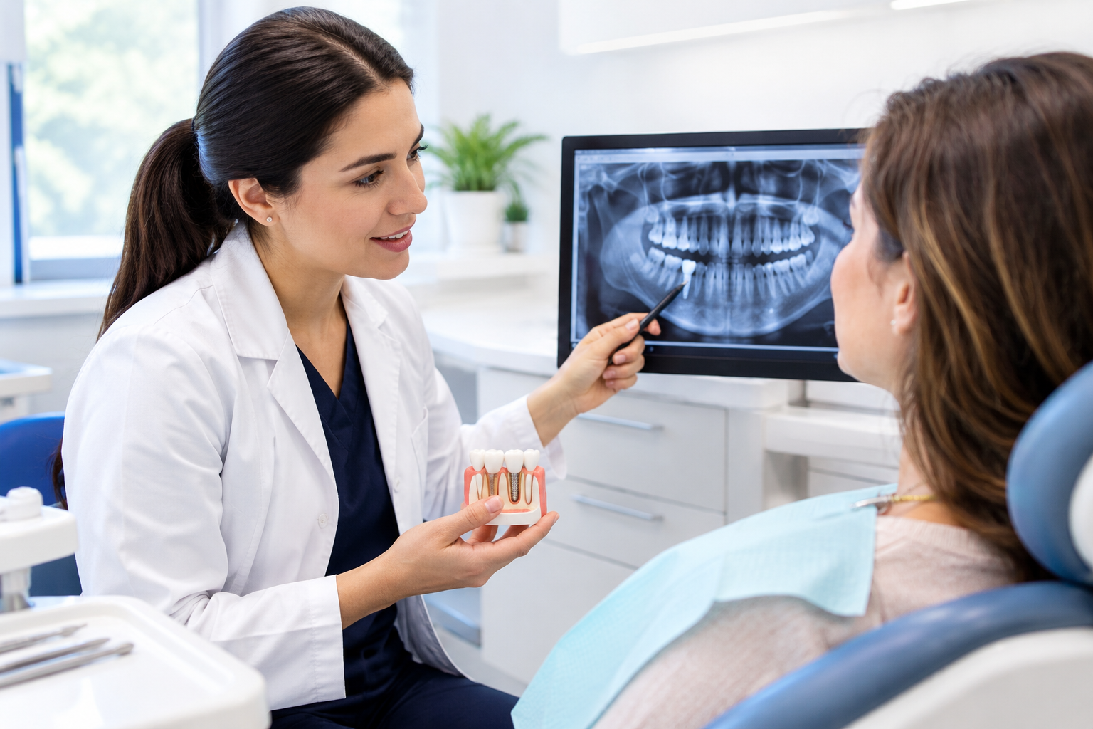 Dentist discussing bone graft healing and dental implant treatment with a patient while reviewing an X-ray during consultation.