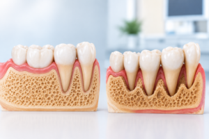 Jawbone loss dental illustration showing healthy bone beside reduced jawbone support around teeth and gum recession clearly.