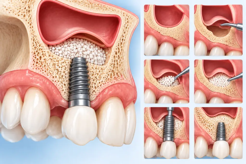Sinus lift dental implant illustration showing bone graft material beneath the lifted sinus membrane in upper jaw area.