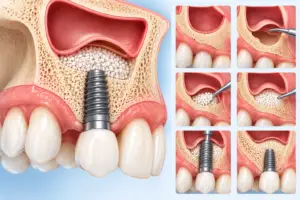 Sinus lift dental implant illustration showing bone graft material beneath the lifted sinus membrane in upper jaw area.