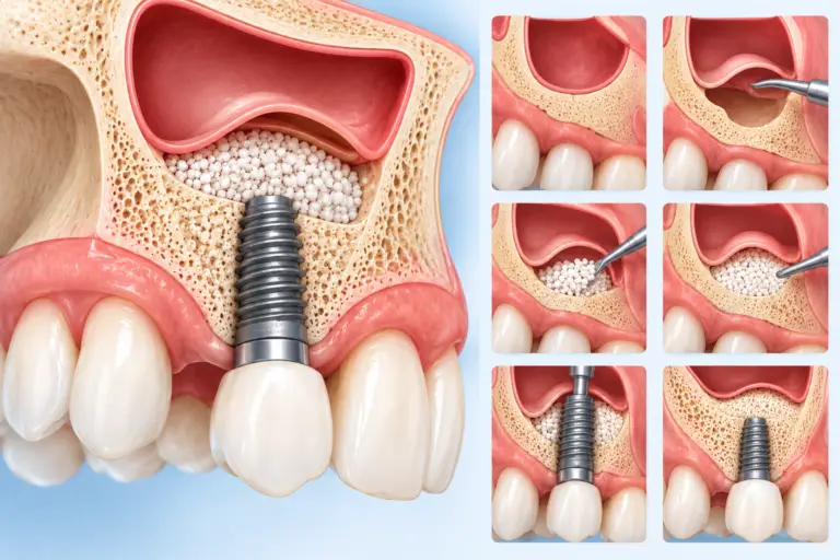 Sinus lift dental implant illustration showing bone graft material beneath the lifted sinus membrane in upper jaw area.